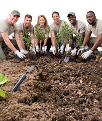 Community volunteers planting trees in a garden during a sunny day