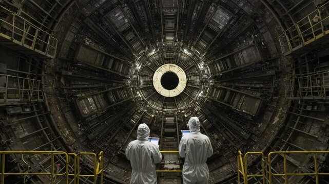 Two scientists in white protective suits working in front of a huge particle accelerator. Advanced scientific research and futuristic technology concept.