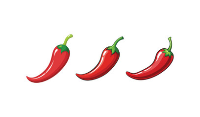 Three vibrant red chili peppers with green stems isolated on a white background
