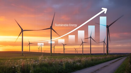 Wind turbines generating sustainable energy as shown by an increasing graph with a beautiful orange sunset sky and grassy fields.