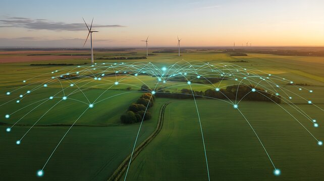 Aerial view of connected wind turbines on green fields showcases sustainable energy and global network, signifying a digital age.