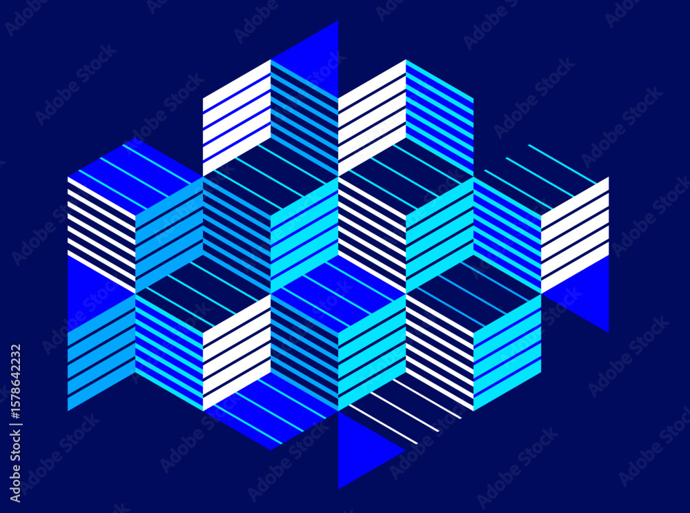Poster dark blue vector abstract geometric background with cubes and different rhythmic shapes, isometric 3