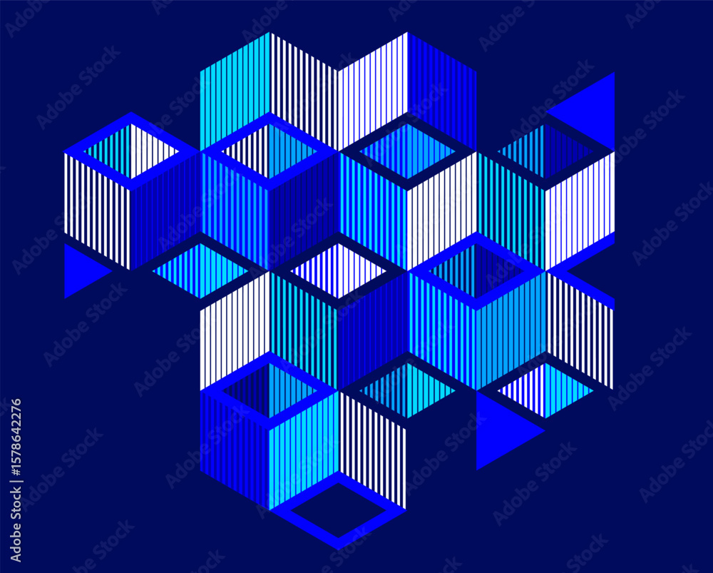 Poster dark blue vector abstract geometric background with cubes and different rhythmic shapes, isometric 3