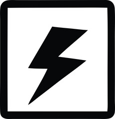 A bold black lightning bolt symbol is centrally placed within a thick black square border against a clean white background