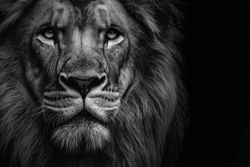 Naklejka premium Lion Extreme Close-Up Black and White Portrait with Detailed Mane and Copy Space
