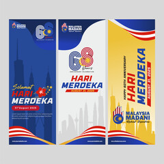 68th Anniversary of Malaysia Independence day "Hari  Merdeka" 2025 portrait poster banner set. Best for Malaysia national events, greeting, promo, and celebration