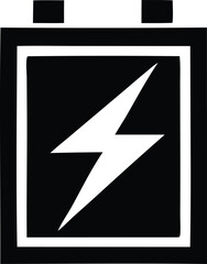 Simple black and white graphic icon representing a battery with a lightning bolt symbolizing power and energy generation