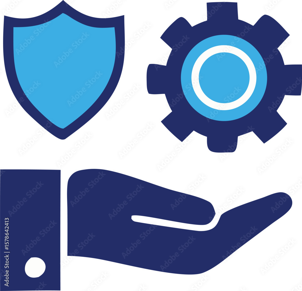 Poster abstract graphic icons representing security mechanics and support services presented in a clean mod