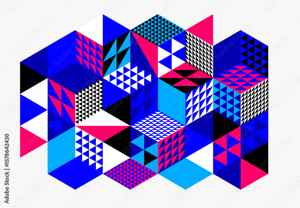 Poster abstract vector wallpaper with 3d isometric cubes blocks, geometric construction with blocks shapes 