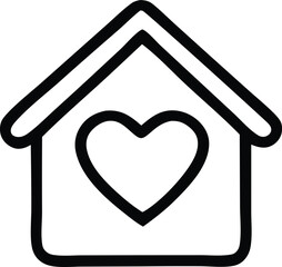 A simple black outline drawing of a house with a heart symbol inside representing love and home