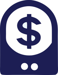 Stylized dark blue and white icon featuring a prominent dollar sign within a rounded rectangle with two white circles at the bottom