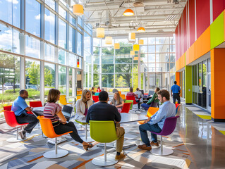 A spacious and brightly lit coworking area with large windows, stylish decor, and vibrant seating arrangements, promoting collaboration and productivity among professionals.
