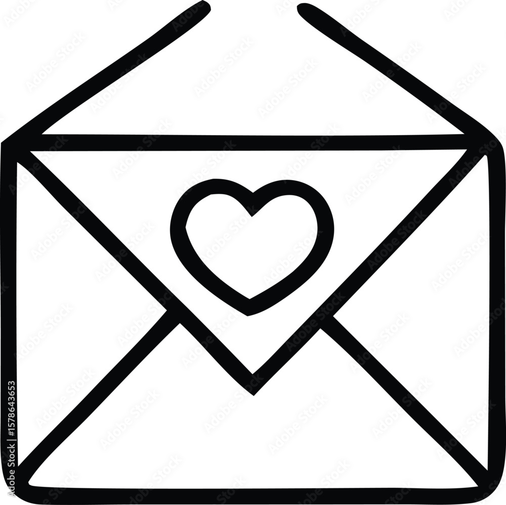 Poster a simple black and white line drawing of an open envelope with a heart symbol on the flap representi