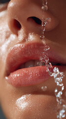 Fototapeta premium Moist lips with water droplets flowing down skin near nose, showing fresh and hydrated texture