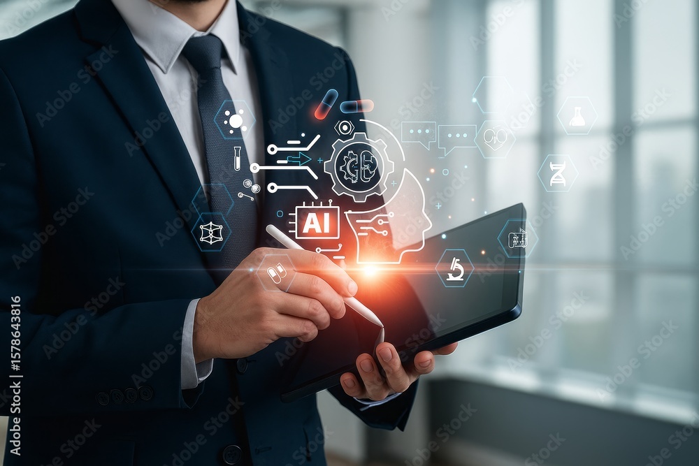Poster businessman leveraging ai technology: digital transformation and innovation in modern business with 