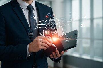 Businessman Leveraging AI Technology: Digital Transformation and Innovation in Modern Business with Artificial Intelligence and Data Science for Efficiency and Growth.