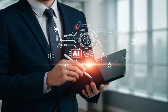 Businessman Leveraging AI Technology: Digital Transformation and Innovation in Modern Business with Artificial Intelligence and Data Science for Efficiency and Growth.