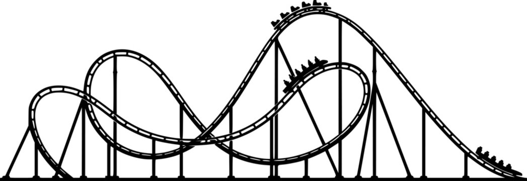 roller coaster with loops and turns, black and white, line art style, detailed illustration,