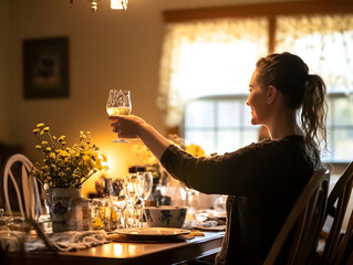 A group of people enjoying an elegant dinner in a warmly lit room, raising glasses in a cheerful toast, and creating memories in a relaxed and inviting atmosphere.