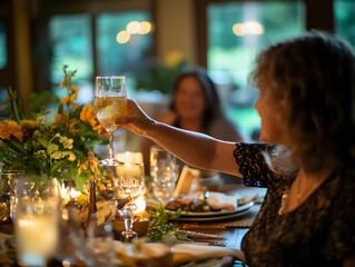 A woman raising a toast with friends at a beautifully decorated dinner table, celebrating a joyful moment together in a warm and festive ambiance.