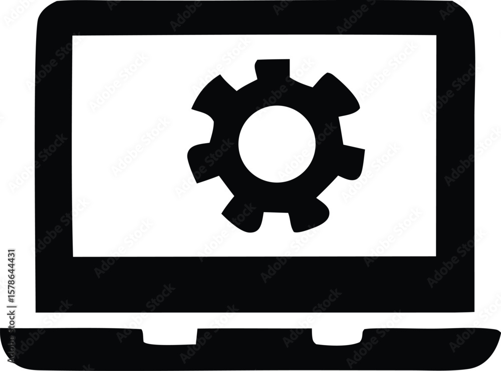 Poster simple black silhouette icon of a laptop computer displaying a gear symbol representing settings or 