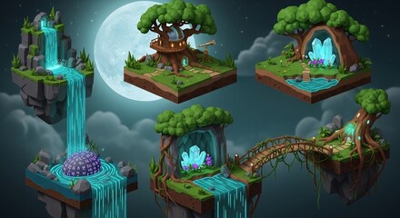 Obraz premium Enchanted Floating Islands Isometric Game Art Assets