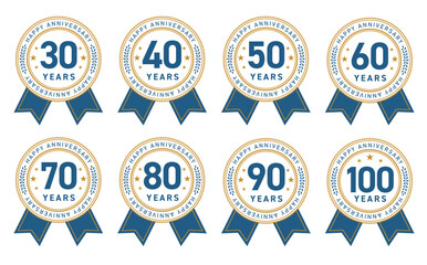 25周年〜100周年のフラットメダル＋リボンのアニバーサリーロゴセット（長寿記念 表彰ロゴ ベクター）


