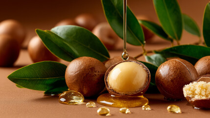 Macadamia nut with oil drop and green leaves on brown background, natural moisturizing ingredient for skin care beauty