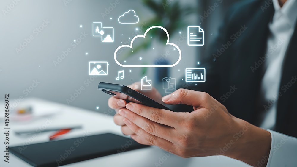 Poster businessman managing cloud storage with smartphone, demonstrating data management and seamless conne