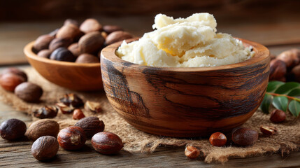 Shea butter wooden bowl natural product nut organic texture creamy shea nut raw close up brown rustic natural ingredient