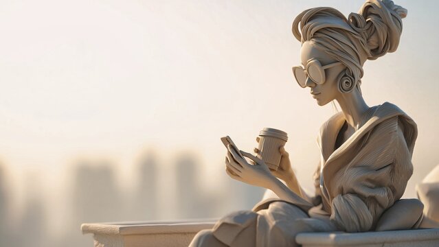 Elegant woman with headwrap and sunglasses relaxes on a rooftop, sipping coffee and using her smartphone. The city skyline creates a serene urban backdrop, highlighting modern lifestyle