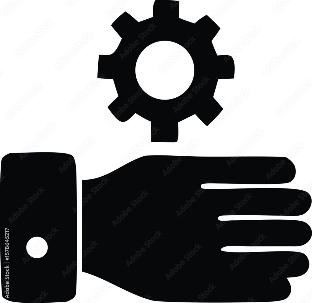 Poster icon representing a hand holding a gear symbolizing manual control mechanical operation or hands on 