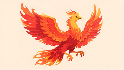 Obraz premium Fiery Phoenix Bird in Flight, Mythical Creature with Orange and Red Wings, Legendary Firebird Illustration, Fantasy Artwork, Graphic Design Element
