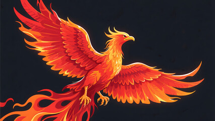 Fiery Phoenix Bird in Flight, Mythological Creature with Wings of Fire, Orange and Red Feathers, Dark Background, Fantasy Art Illustration