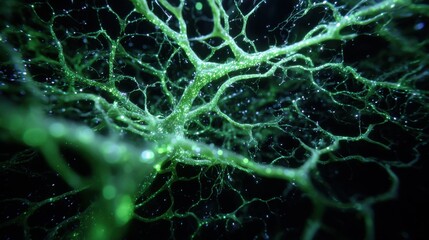 Fototapeta premium Phosphorescent bio luminescent mycelium network sequential growth texture sustainable material research, perfect for environmental presentation templates and innovation branding materials.