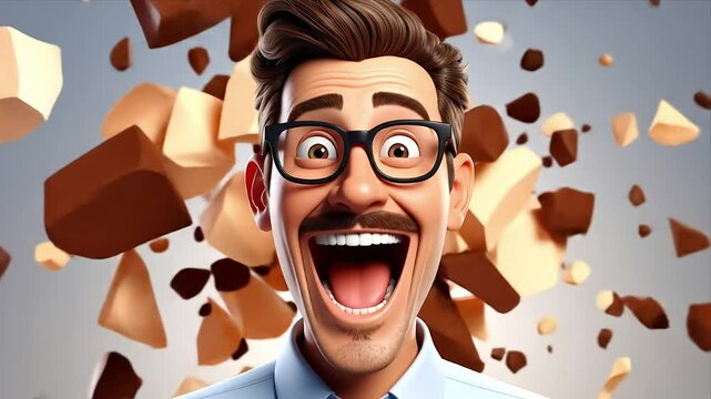 Man laughing with confetti-like objects floating. Close-up view