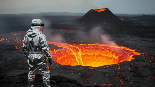 Scientist in a silver heat resistant suit observing a pool of molten lava. Volcanologist exploring an active volcano eruption. Extreme adventure and research.