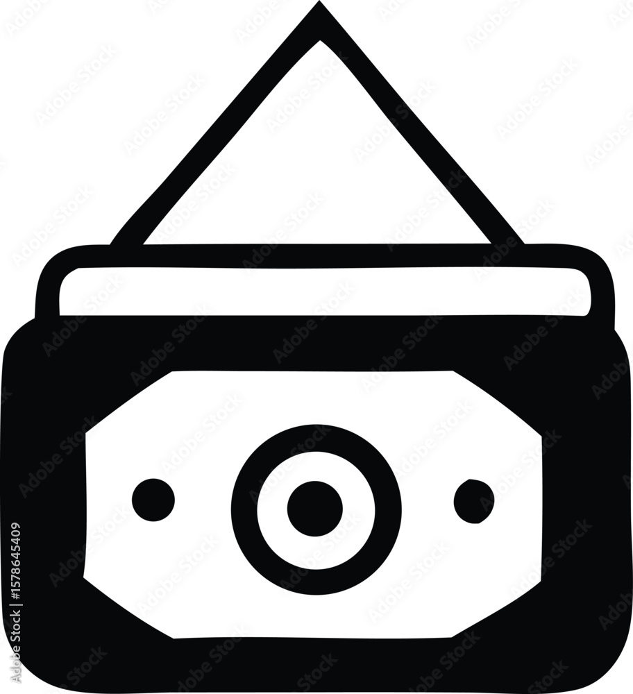 Poster simple black and white graphic icon representing a camera with a lens and a hanging strap suitable f