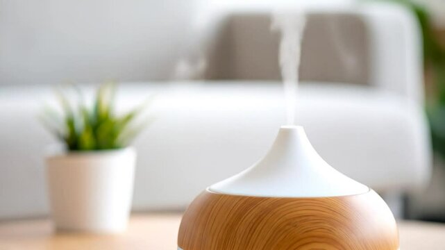 Humidifier with vapor stream, plant in background