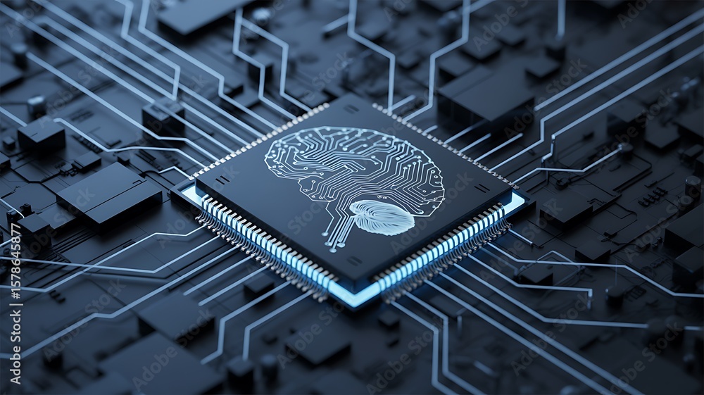 Poster artificial intelligence represented by a brain icon on a microchip, evoking future technology.