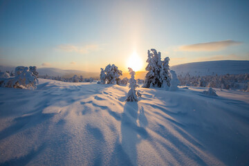 Winter sunset in Pallas Yllastunturi National Park, Lapland, Finland