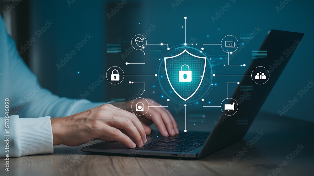 Poster cyber security is visualized on a laptop screen highlighting data protection and secure online acces