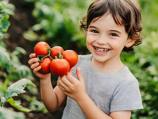 A joyful child holding a bunch of ripe red tomatoes in a lush garden, proudly showing the results of home gardening and the beauty of organic, fresh produce.