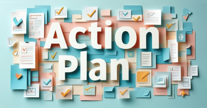 Colorful papers display text Action Plan. Checkmarks suggest completion, strategy, progress. Bright visuals promote organization, success.