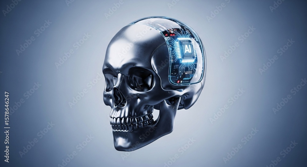 Poster artificial intelligence ai circuit board brain in metallic human skull head symbolizing futuristic m