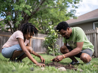 A mother and daughter planting flowers together in their backyard, bonding and enjoying a peaceful moment while creating a colorful and thriving garden.