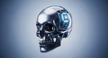 Artificial Intelligence AI Circuit Board Brain in Metallic Human Skull Head Symbolizing Futuristic Machine Learning Technology and Human Identity Connection