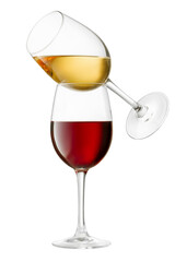 Red and white wine glasses isolated on white background