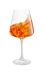 glass of aperol spritz cocktail splashing inside isolated on white background