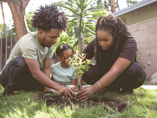 A family working together to plant a young tree in their backyard, fostering a sense of teamwork, sustainability, and love for nature and the environment.